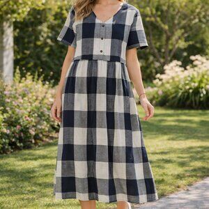 Polagram Blue & White Gingham Plaid Puff Sleeve Midi Dress Cottagecore Spring
